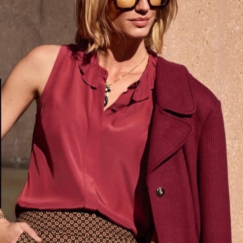 CAbi Sleeveless Ruffled V-Neck Blouse in Wine